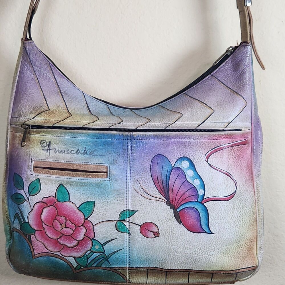Anushka Hand Painted Leather Large Butterfly Shoulder Hobo Tote Purse adjustable